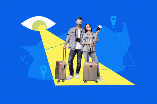 Exclusive magazine picture sketch collage image of happy girl guy stand map geolocation eyeball esoteric stare summer stalker