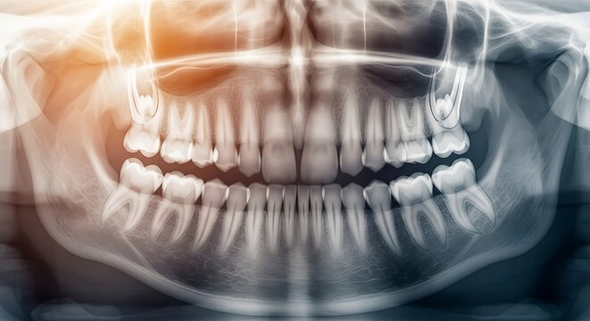 Panoramic Dental Xray Showing Human Teeth and Jaw Structure in Clinical Imaging View