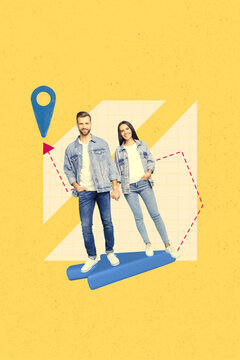 Exclusive artwork banner creative collage of happy girl guy business worker stand arrow cursor point direction geolocation icon