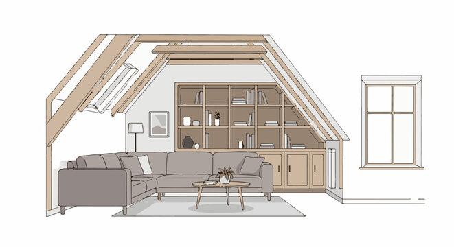Attic living space with sectional sofa, built-in bookshelves, and skylight