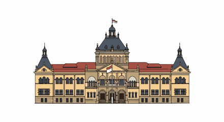 Obraz premium Grand building with central dome, flanking towers, and a flag on top
