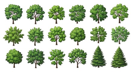 Fototapeta premium Set of various green deciduous and coniferous trees for landscape design and architecture