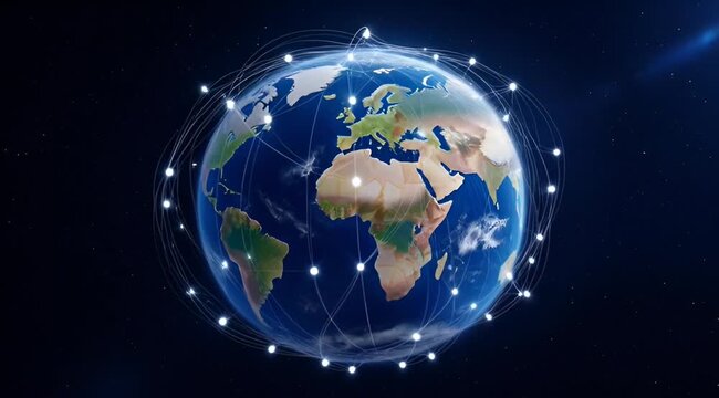 Digital earth model with interconnected glowing nodes and orbital data lines, representing global communication, network connectivity, information flow, and technology