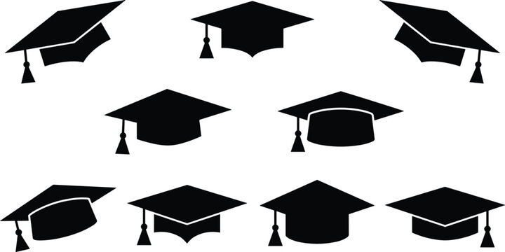 Vector silhouette collection of graduation caps and mortarboards in various angles for university, college, and education success concepts