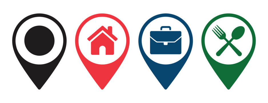 Location markers icons set, modern flat vector illustration with transparent background showing house, job and restaurant map pins for location tracking, directory services and digital mapping desi