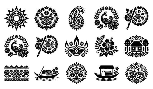 Bold black silhouette Bengali New Year floral pattern vector icon set with traditional spring folk art and Kalka shapes