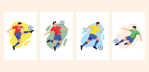 Fototapeta premium Flat Soccer Player Vector Illustration Set, Football Action Characters Collection, Modern Sports Cartoon Design, Professional Footballers Running Kicking Sliding, Isolated Athletic People Bundle