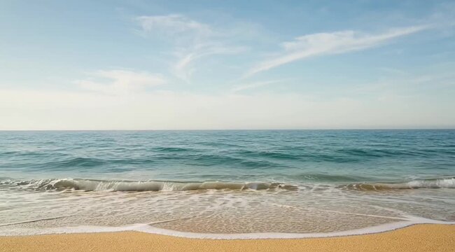 Gentle ocean waves roll onto a sandy beach under a clear sky, representing tranquility, nature, solitude, peace, flow, horizon, serenity, and coastal beauty