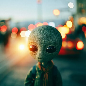 Strange alien figure stands on street under city lights at night near moving cars and glowing signs