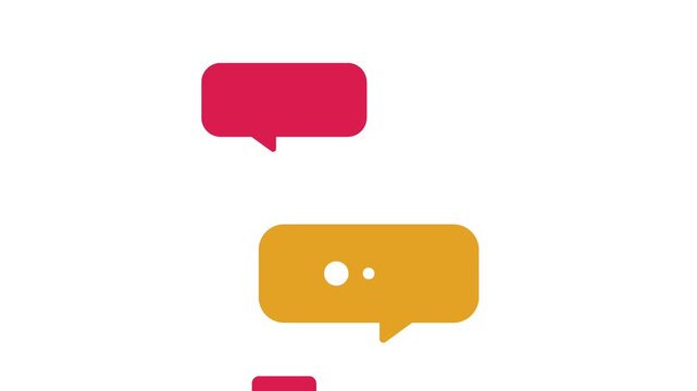 Animated speech bubbles with typing dots in seamless loop. Yellow and red chat text clouds message flow on white