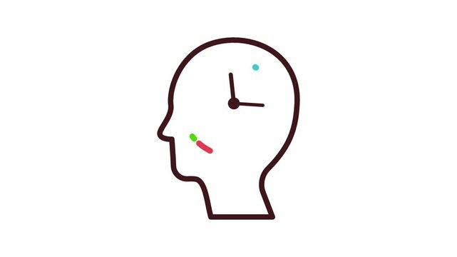 Animated clock face spinning inside human head outline. Time management, stress and brain productivity concept on white