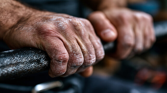 Close-up of calloused thumbs pressing into a barbell knurl, chalk lines tracing lifelines, weightlifting belt buckle edge visible below, perfect for weightlifting detail, strength culture, and moder