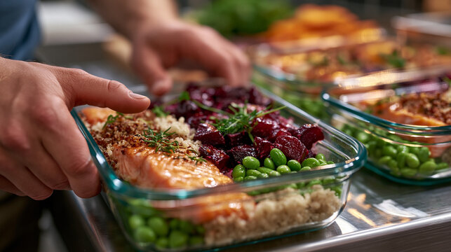 Close-up of athletic hands arranging vibrant meal prep containers filled with salmon, quinoa, roasted beets, and edamame across a stainless steel kitchen counter, perfect for nutrition planning, ath