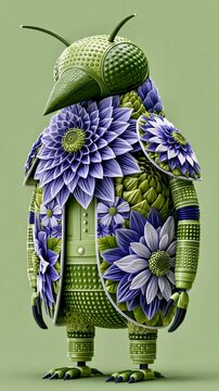 Creative creature design featuring a flower-covered insect bird-like figure with textures and patterns that showcase nature-inspired themes