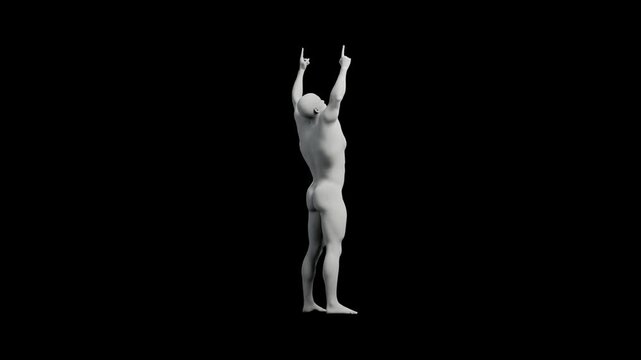 Figure model in victory pose against black background