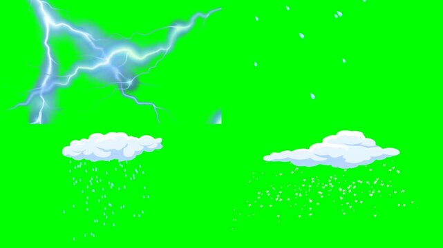 Dark stormy weather clouds with striking lightning bolts and heavy rains 2d animated cartoon on green screen chroma key background. high quality loop cycle vector illustration animation