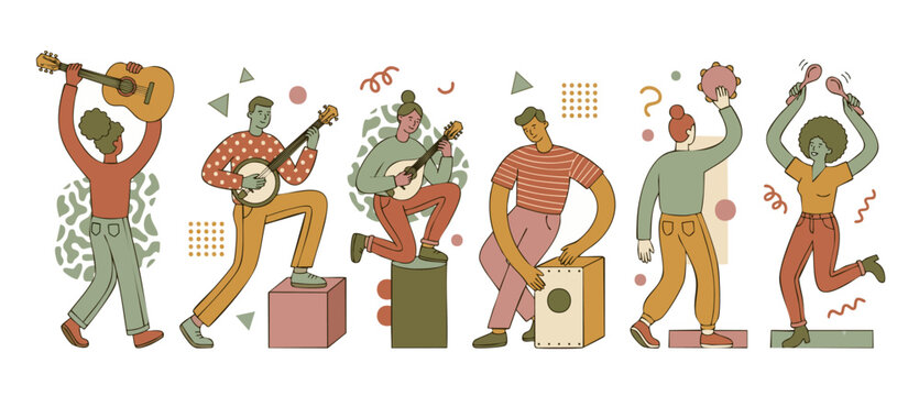 Musicians playing musical instruments set, vector illustration of a diverse music band performing on stage, acoustic folk band people characters with guitar, banjo, cajon, tambourine, and maracas icon