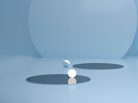 Blue pastel colors and red forms on abstract background. Minimal cylindrical podium. Scene with geometric shapes. Presentation of cosmetic and lifestyle products. Fashion magazine.