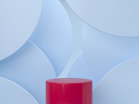 Blue pastel colors and red forms on abstract background. Minimal cylindrical podium. Scene with geometric shapes. Presentation of cosmetic and lifestyle products. Fashion magazine.
