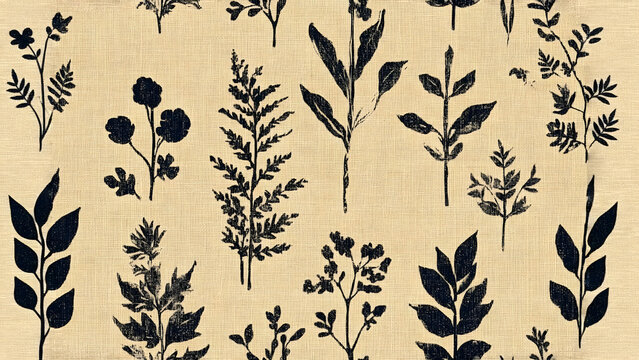Vintage botanical pattern background with vertically repeatable black wild plant silhouettes on burlap linen texture.