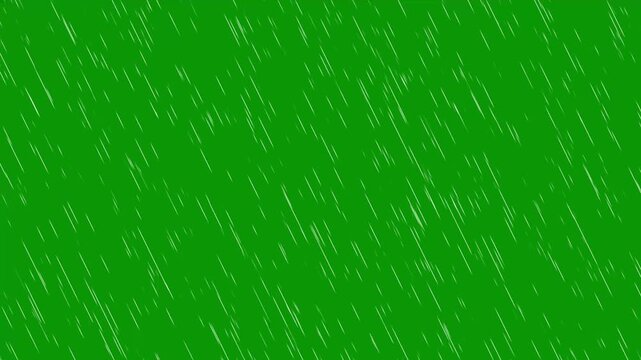 Bright green screen rain animation with diagonal falling raindrops. 2D animated rain loop for chromakey background use. for video editing, motion graphics, weather effects and overlay.