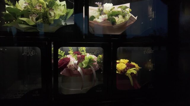 Flower vending machine at night. Bouquets made of fresh colourful flowers behind glass doors of a dispensing machine. Innovative and modern 0-24 last minute shopping concept. Pull back slow motion.