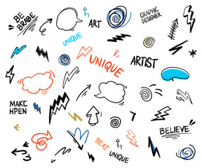 Obraz premium Set graffiti elements. Drawing slogan in urban style. Emoticon, lettering street. Art graffiti lettering, spray effect