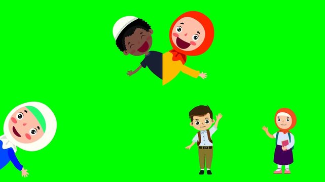 Happy smiling diverse kids popping out from the corners and looking cute 2d animated cartoon on green screen chroma key background. high quality loop cycle vector illustration animation