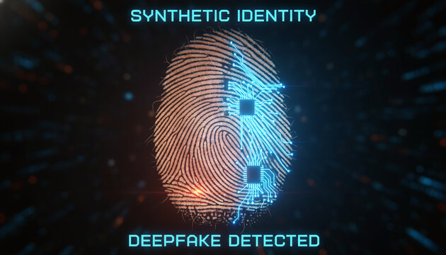 Human fingerprint morphing into glowing digital circuit traces deepfake concept
