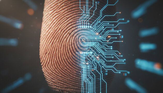 Human fingerprint morphing into glowing digital circuit traces deepfake concept