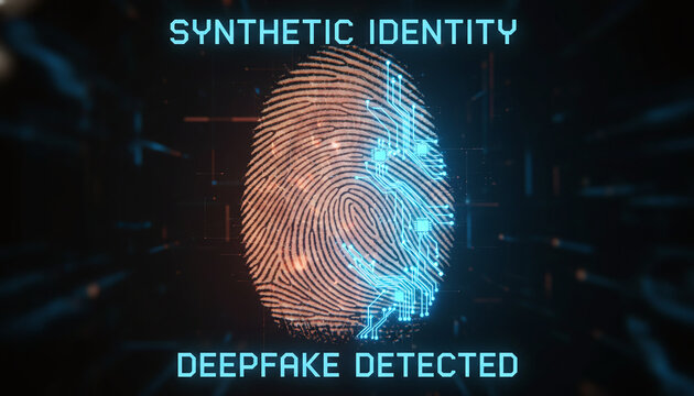 Human fingerprint morphing into glowing digital circuit traces deepfake concept