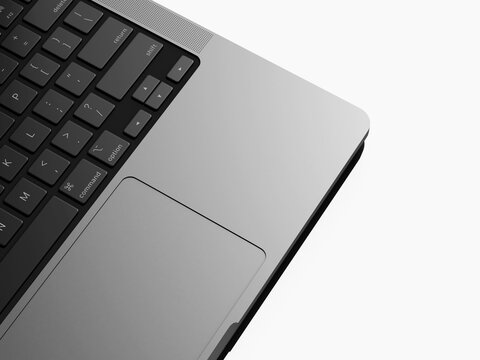 Trackpad and keyboard laptop detail mockup from close up view on white background. 3d render.