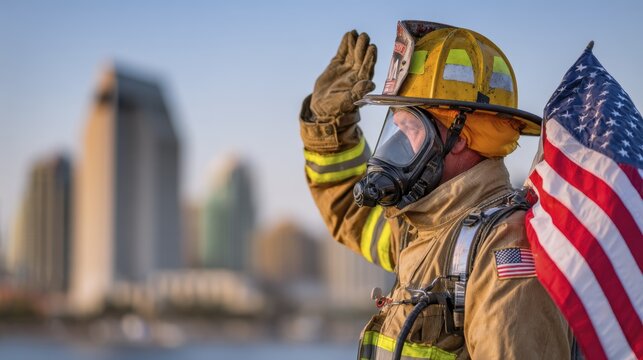 Brave firefighter saluting with american flag against urban skyline
