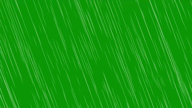 Classic green screen rain animation featuring steady diagonal rain lines. 2D animated rainfall for chromakey background. for weather visuals, scene transitions, and motion design projects.