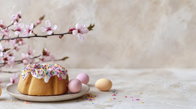 Spring blossom cake with colorful sprinkles and easter eggs on rustic background