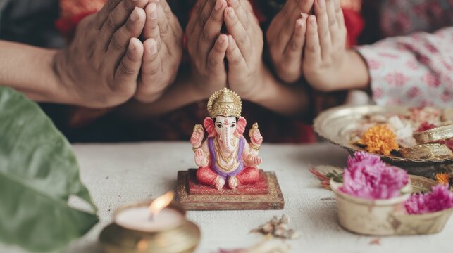 Devotional hands praying to ganesha statue with ritual flowers and candlelight