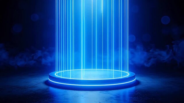 Blue neon light cylinder on platform
