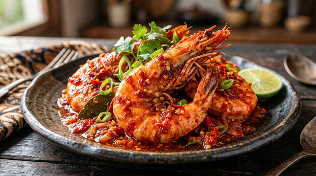 Premium macro commercial food photography of dynamic Indonesian Udang Balado (spicy shrimp) on a dark rustic plate with lime and cilantro.