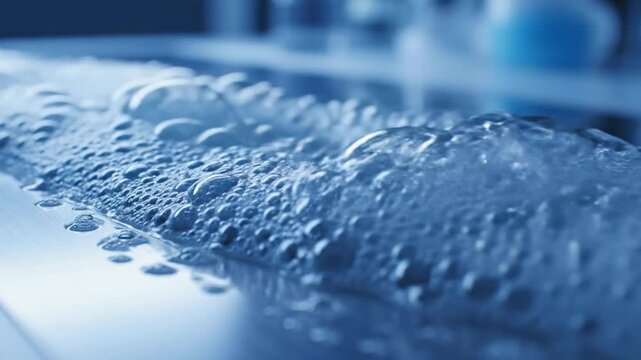 Macro Photography of Bubbles and Droplets on a Surface in Cool Blue Tones