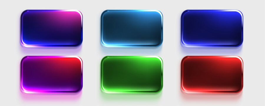 Six empty glass 3D UI buttons with neon glowing borders