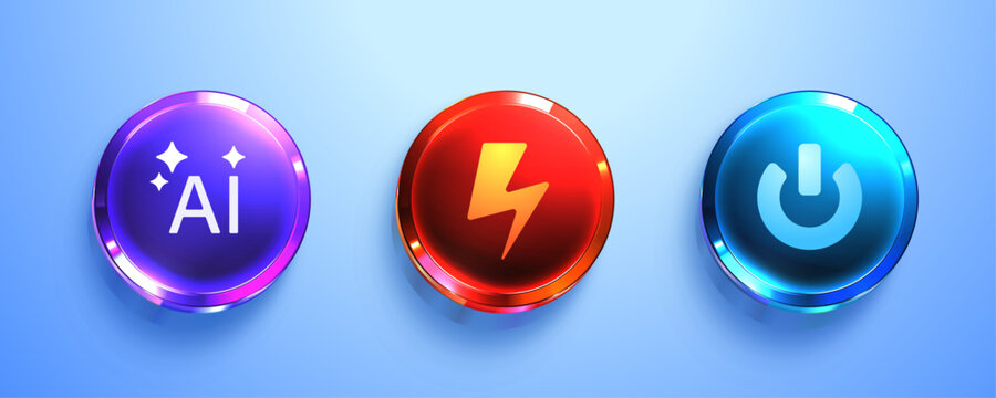 Three glowing futuristic 3D buttons with AI, power, and lightning icons