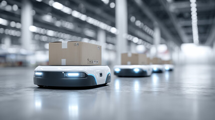 Futuristic Warehouse Logistics Concept Autonomous Delivery Robots Moving Packages Through Sleek Distribution Center Glowing Navigation Lights   © piai