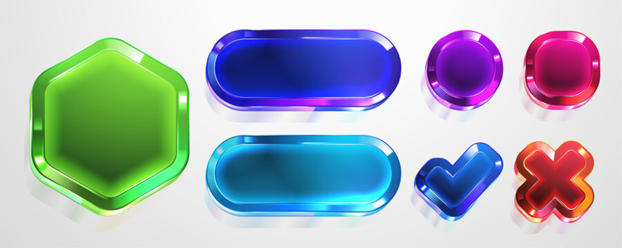 Assorted glossy 3D geometric game buttons and interface icons