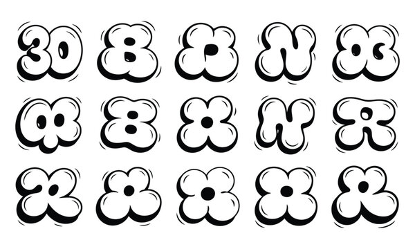 Bubble letter alphabet characters and numbers in a playful graffiti style