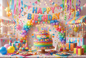Fototapeta premium Happy 21st birthday party with rainbow cake cupcakes balloons and festive decorations