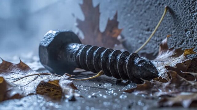 Macro Shot of a Rusty Bolt with Autumn Leaves in a Moody and Cinematic Setting