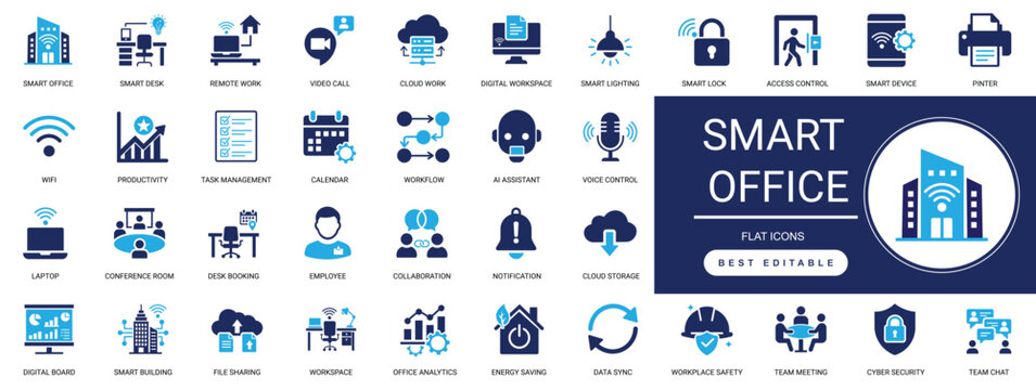 Smart Office Icon Set. Automation, Workplace, IoT, Connected, Control, Energy, Security, Network. Editable  Solid Glyph Vector Illustration.