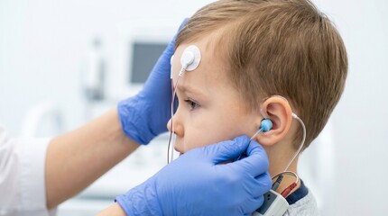 Fototapeta premium Child receiving audiological examination with electrodes in medical clinic