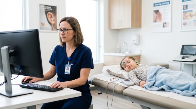 Female audiologist performing ABR test on sleeping child in clinic