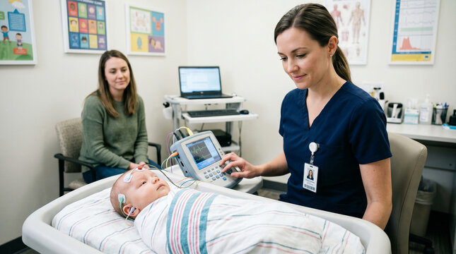 Pediatric audiologist performing ABR hearing test on swaddled infant